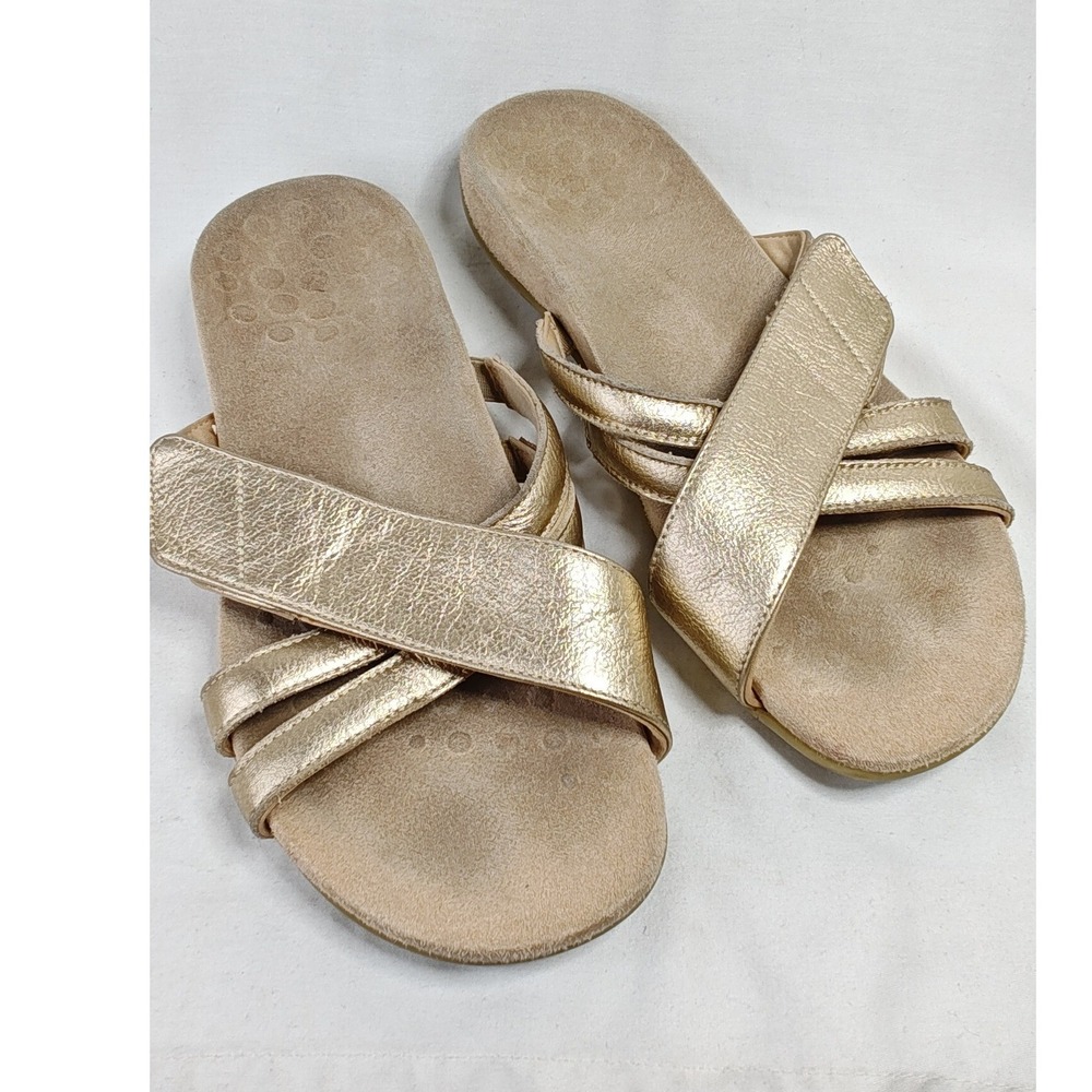 Vionic Zarie Sandals Gold Metallic Leather Cross Strap Slide Orthopedic 8